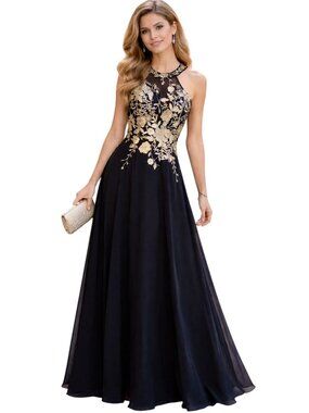 Betsy & Adam Navy & Gold Floral dress Embroidered Halter Gown Size 8P